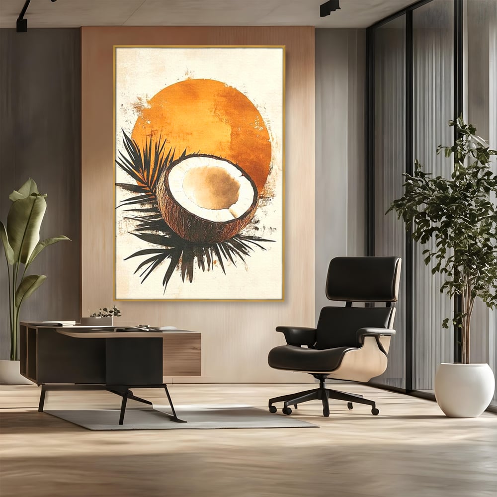 Tablou canvas cu tablou canvas cu nuca de cocos si soare portocaliu, in rama de aluminiu auriu, pe perete intr-un birou